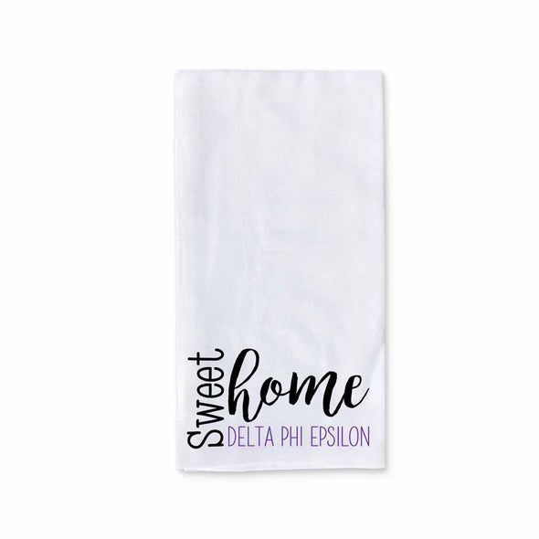 Sweet home Delta Phi Epsilon sorority design custom printed on white cotton ringspun cotton kitchen dishtowel.