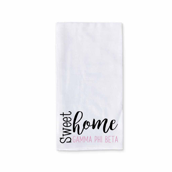Sweet home Gamma Phi Beta sorority design custom printed on white cotton ringspun cotton kitchen dishtowel.