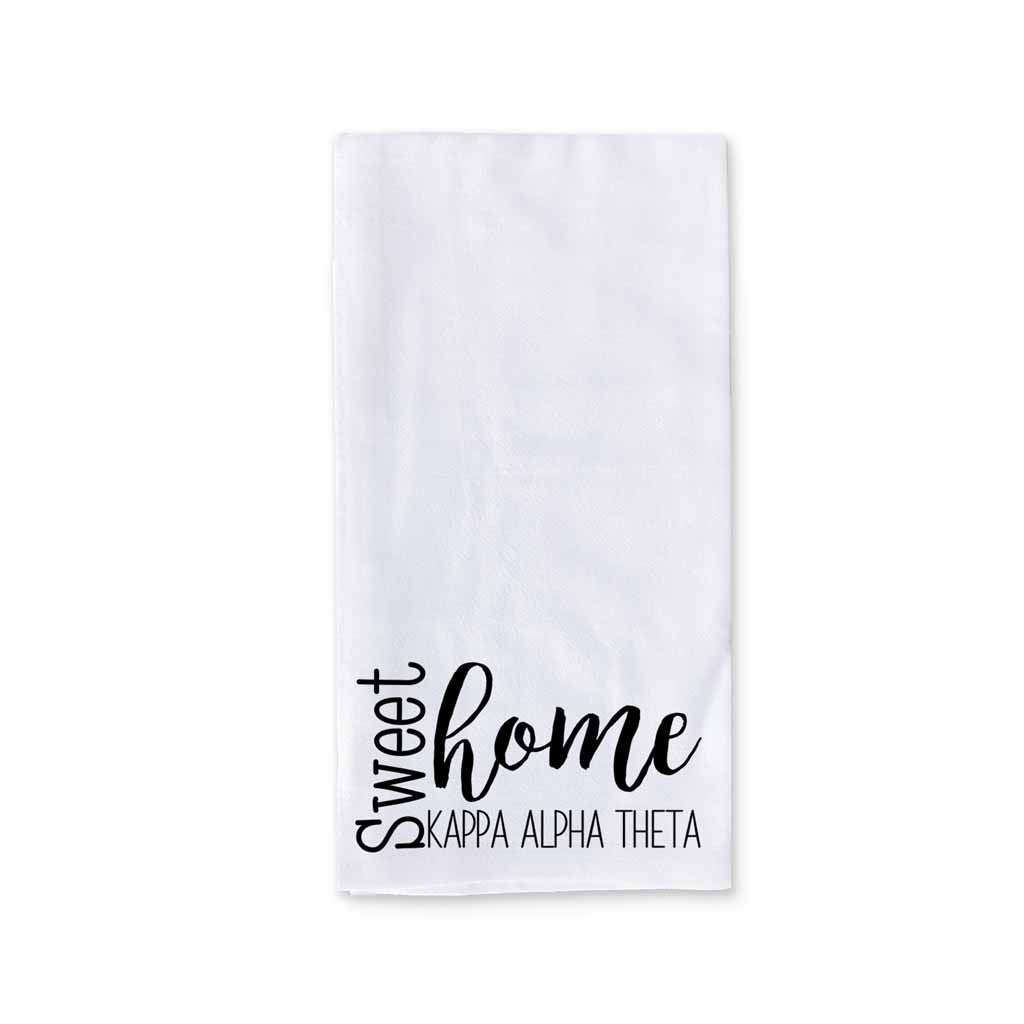 White cotton kitchen towel digitally printed with sweet home Kappa Alpha Theta sorority design.