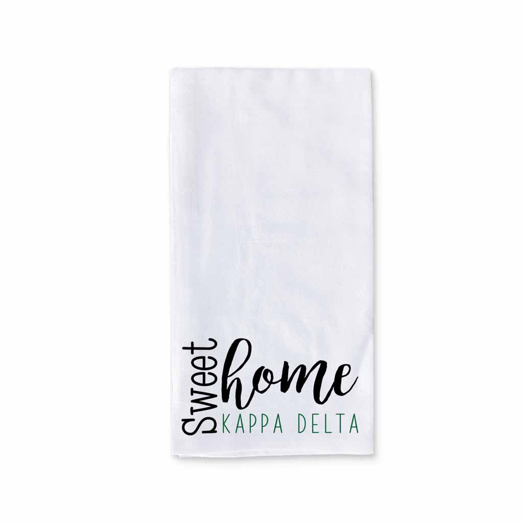 White cotton kitchen towel digitally printed with sweet home Kappa Delta sorority design.