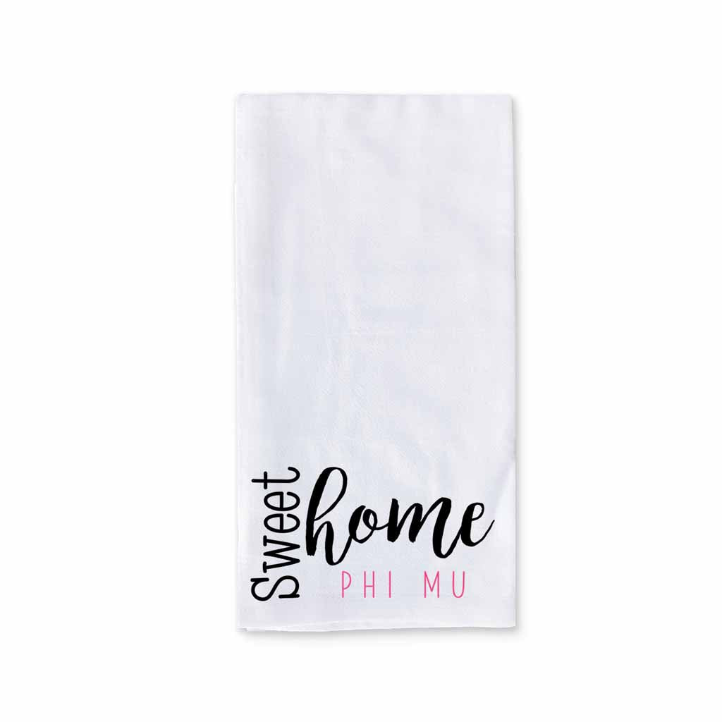 White cotton kitchen towel digitally printed with sweet home Phi Mu sorority design.