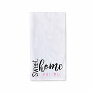 White cotton kitchen towel digitally printed with sweet home Phi Mu sorority design.