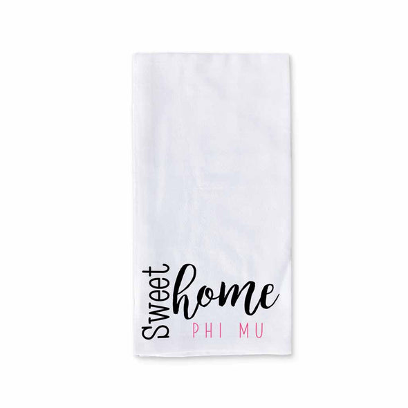 Sweet home Phi Mu sorority design custom printed on white cotton ringspun cotton kitchen dishtowel.