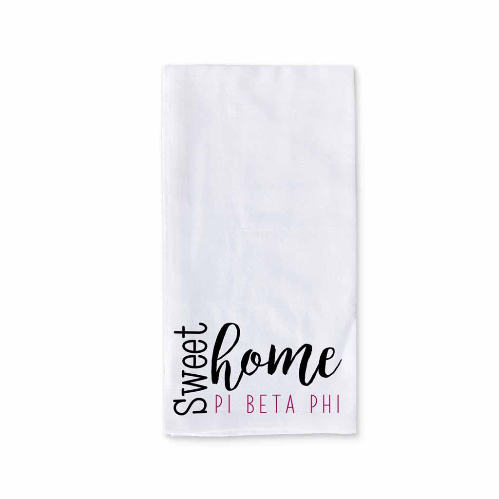 White cotton kitchen towel digitally printed with sweet home Pi Beta Phi sorority design.