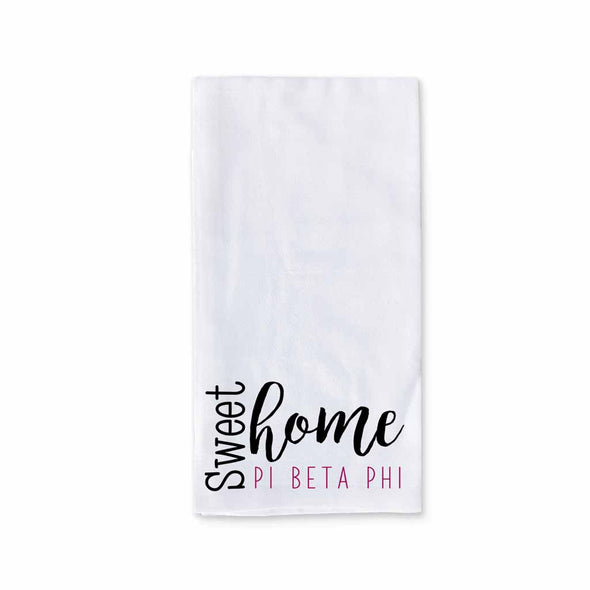 Sweet home Pi Beta Phi sorority design custom printed on white cotton ringspun cotton kitchen dishtowel.