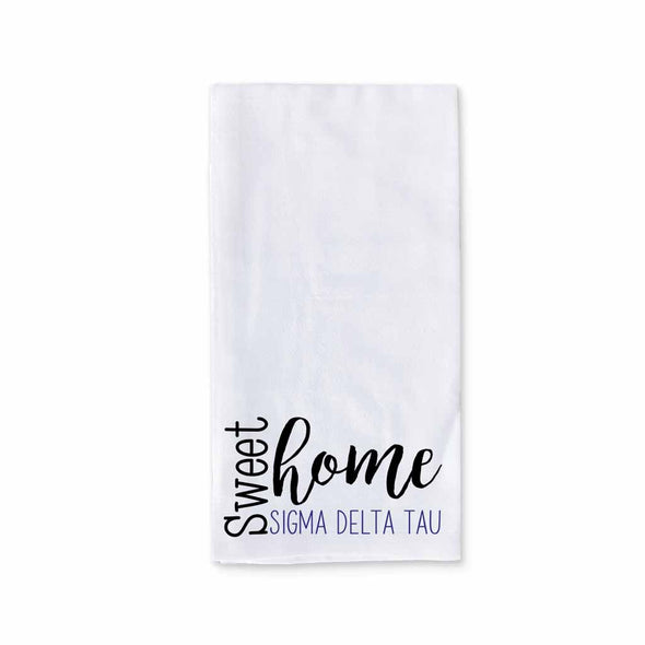 Sweet home Sigma Delta Tau sorority design custom printed on white cotton ringspun cotton kitchen dishtowel.