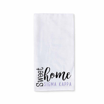 White cotton kitchen towel digitally printed with sweet home Sigma Kappa sorority design.