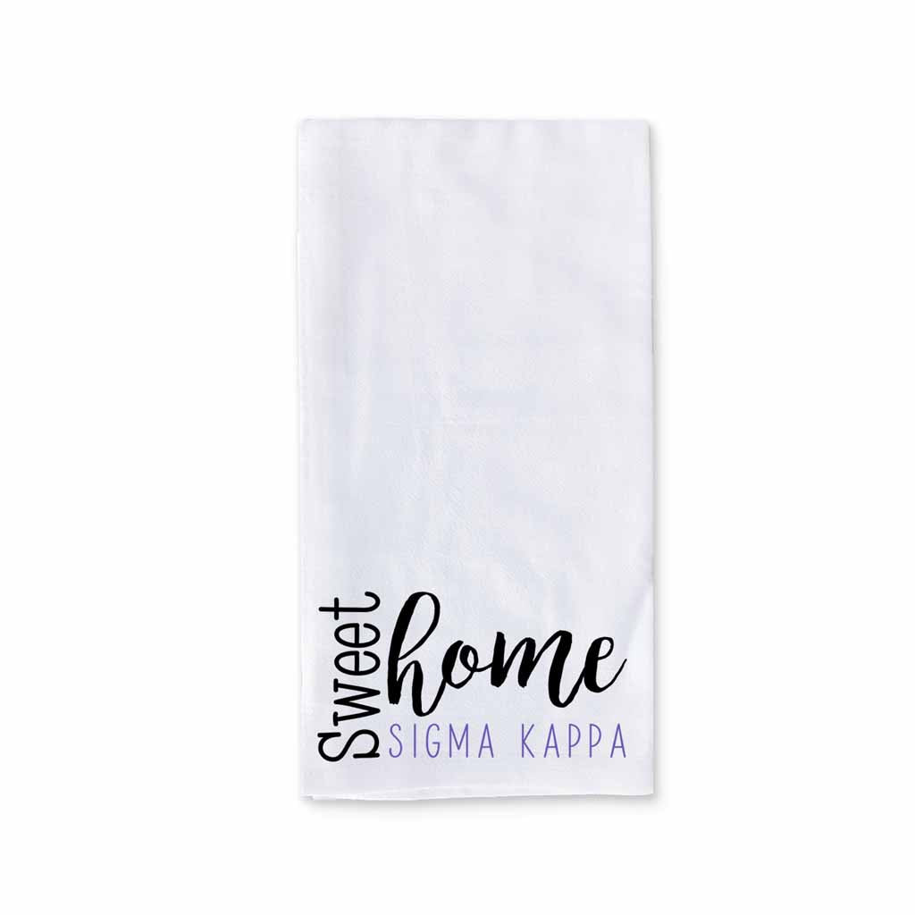 Sweet home Sigma Kappa sorority design custom printed on white cotton ringspun cotton kitchen dishtowel.