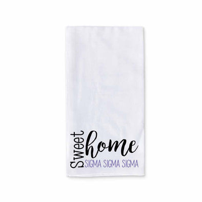 White cotton kitchen towel digitally printed with sweet home Sigma Sigma Sigma sorority design.