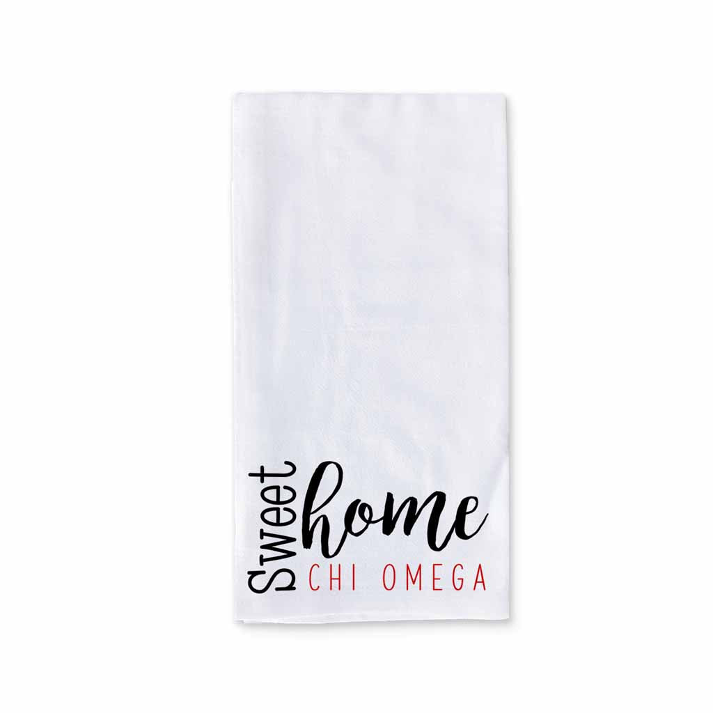 White cotton kitchen towel digitally printed with sweet home Chi Omega sorority design.