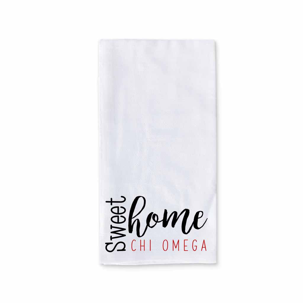 Sweet home Chi Omega sorority design custom printed on white cotton ringspun cotton kitchen dishtowel.