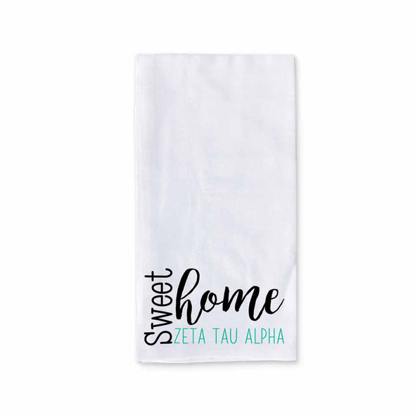 Sweet home Zeta Tau Alpha sorority design custom printed on white cotton ringspun cotton kitchen dishtowel.