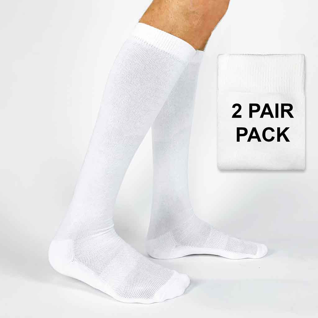 Solid white knee high socks for men, great sport sock on sale. Great socks for dodge ball, kick ball, soccer, and other sports team socks.