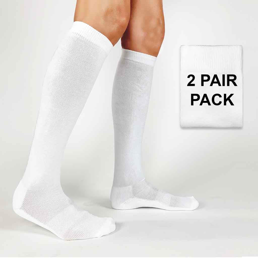 Solid white knee high socks for women, great sport sock on sale. Great socks for dodge ball, kick ball, soccer, and other sports team socks.