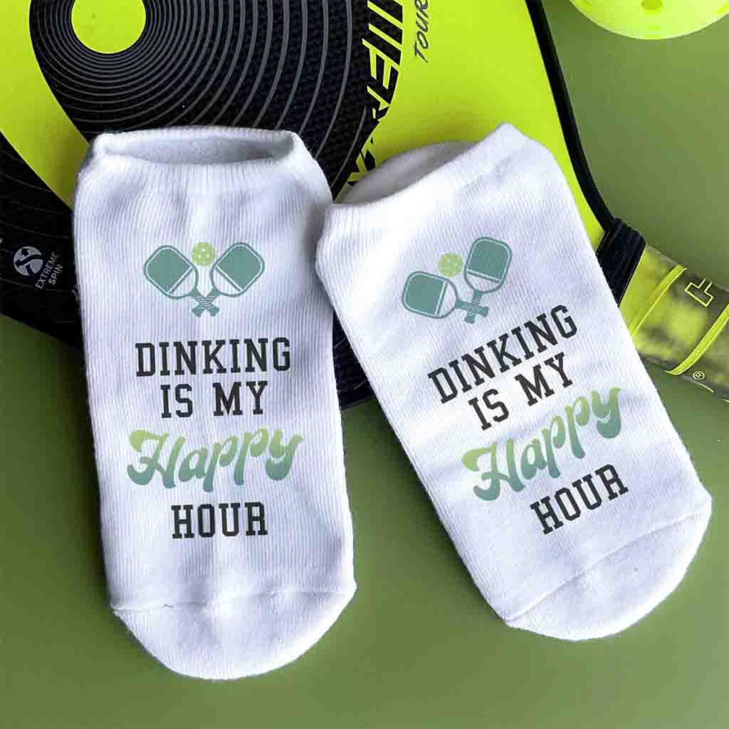 No show socks custom printed with Dinking is my happy hour pickleball design by sockprints.