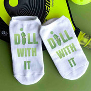 Funny no show socks for pickleball players custom desgined by sockprints with Dill With It printed on the top of the socks.