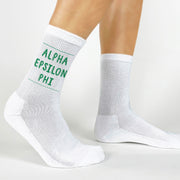 Alpha Epsilon Phi original sorority design by sockprints custom printed in AE Phi sorority colors on comfy white cotton crew socks. 