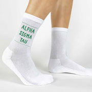 Highlight your Alpha Sigma Tau pride with a pair of these Alpha Sigma Tau crew socks printed in sorority colors. 