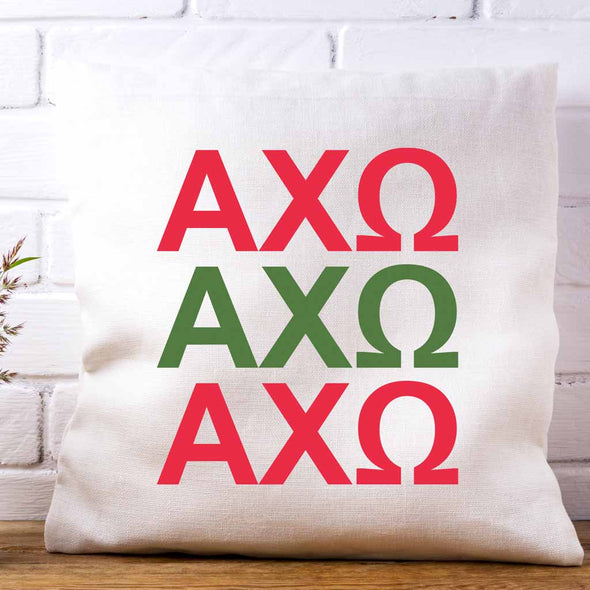 AXO sorority letters x3 in sorority colors custom printed on white or natural cotton throw pillow cover.