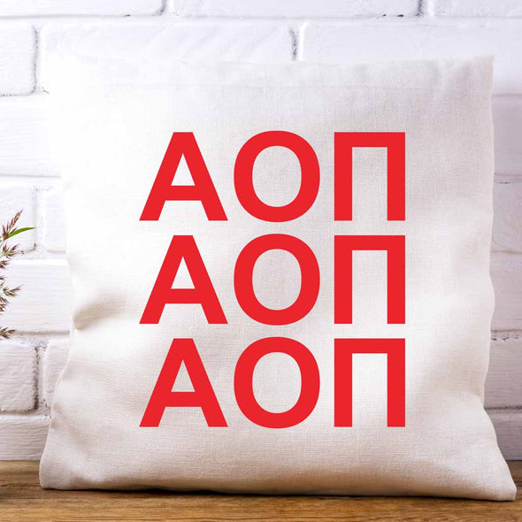 Alpha Omicron Pi sorority letters in sorority colors printed on throw pillow cover is a stylish gift.
