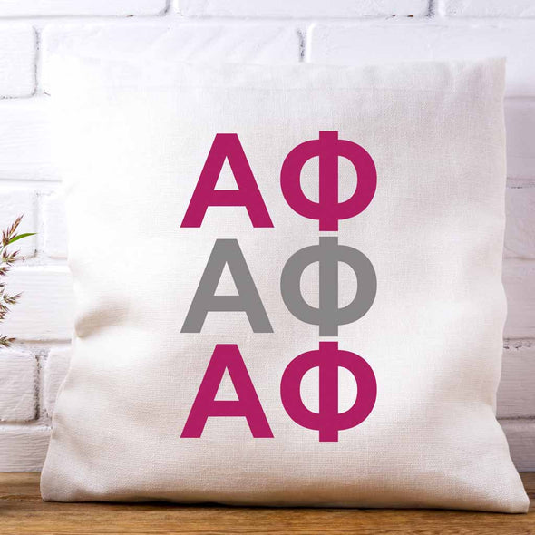 AP sorority letters x3 in sorority colors custom printed on white or natural cotton throw pillow cover.