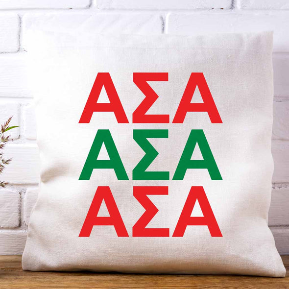 Alpha Sigma Alpha sorority letters digitally printed in sorority colors on throw pillow cover.