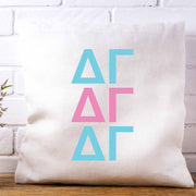 DG sorority letters x3 in sorority colors custom printed on white or natural cotton throw pillow cover.