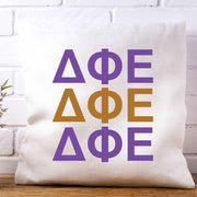 DPE sorority letters x3 in sorority colors custom printed on white or natural cotton throw pillow cover.