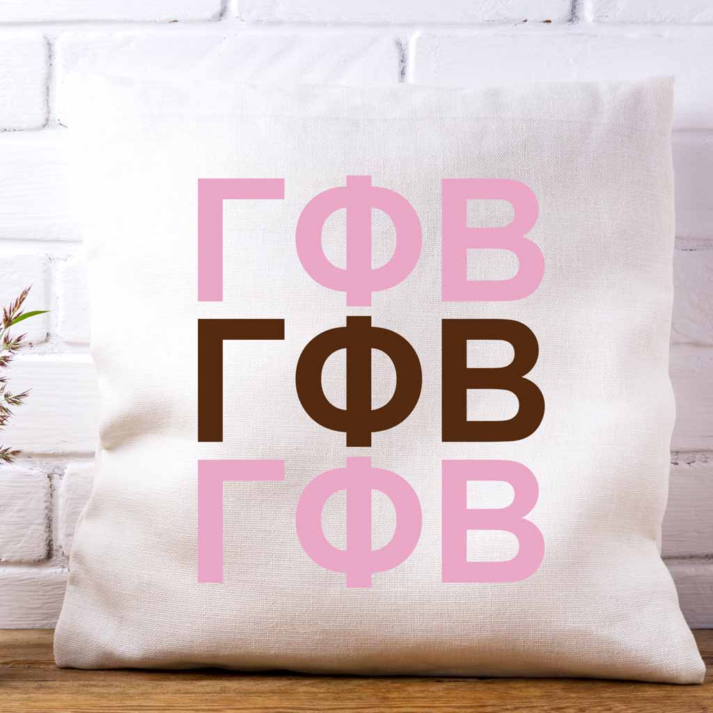 Gamma Phi Beta sorority letters x3 in sorority colors custom printed on white or natural cotton throw pillow cover.