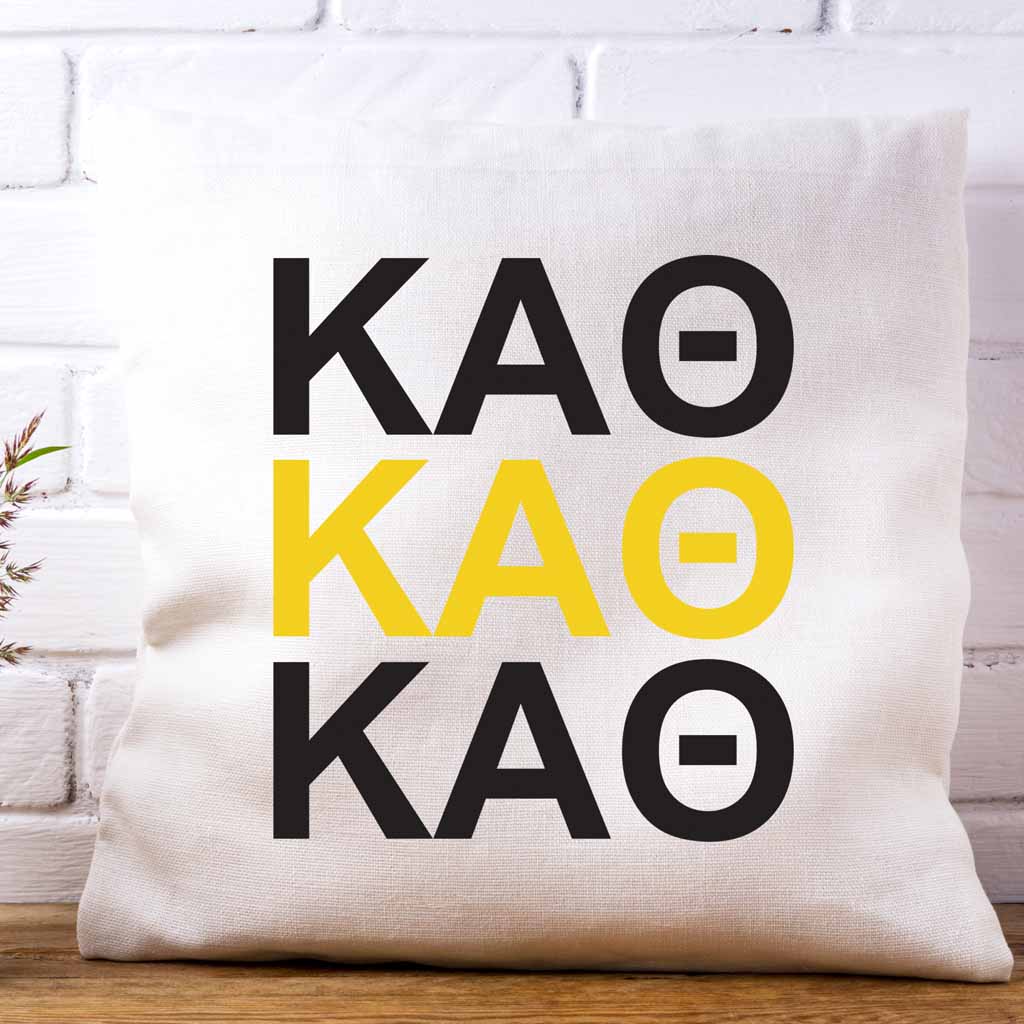 Kappa Alpha Theta sorority letters x3 in sorority colors custom printed on white or natural cotton throw pillow cover.