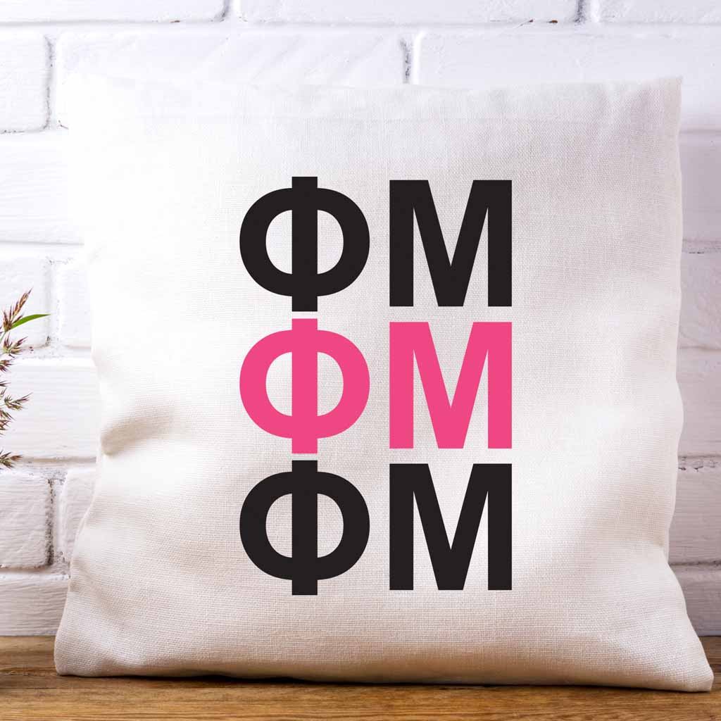 Phi Mu sorority letters digitally printed in sorority colors on white or natural cotton throw pillow cover makes a great affordable gift idea.