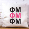 Phi Mu sorority letters digitally printed in sorority colors on white or natural cotton throw pillow cover makes a great affordable gift idea.