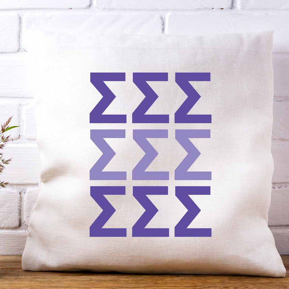 Tri Sigma sorority letters in sorority colors printed on throw pillow cover is a stylish gift.