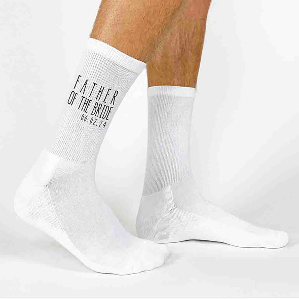 White ribbed knit crew socks custom printed and personalized for the father of the bride with your wedding date.