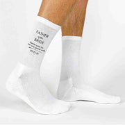 White ribbed knit crew socks custom printed and personalized for the father of the bride with your wedding date.