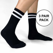 Black cotton basic crew socks with white stripes.