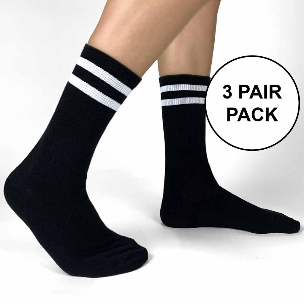 Black cotton basic crew socks with white stripes.