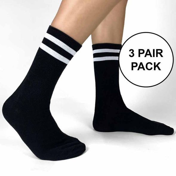 Sockprints large basic black crew socks with white stripes in a three pair pack.