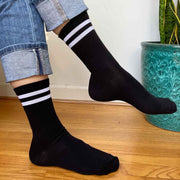 Basic black striped crew socks with white stripes are truly comfortable.