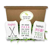 Personalized custom printed golf socks for ladies sold in a three pair gift box set.