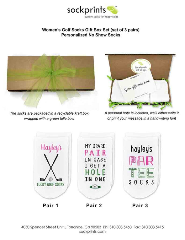 Personalized custom printed golf socks for ladies sold in a three pair gift box set.