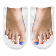 Funny photo socks for women custom printed with ladies red white and blue polish feet on socks.