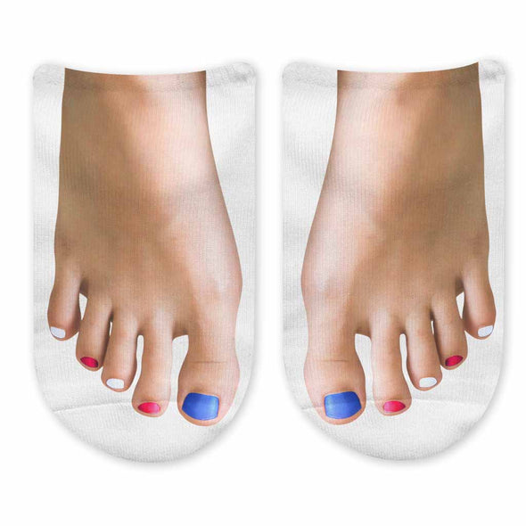 Funny photo socks for women custom printed with ladies red white and blue feet on socks.