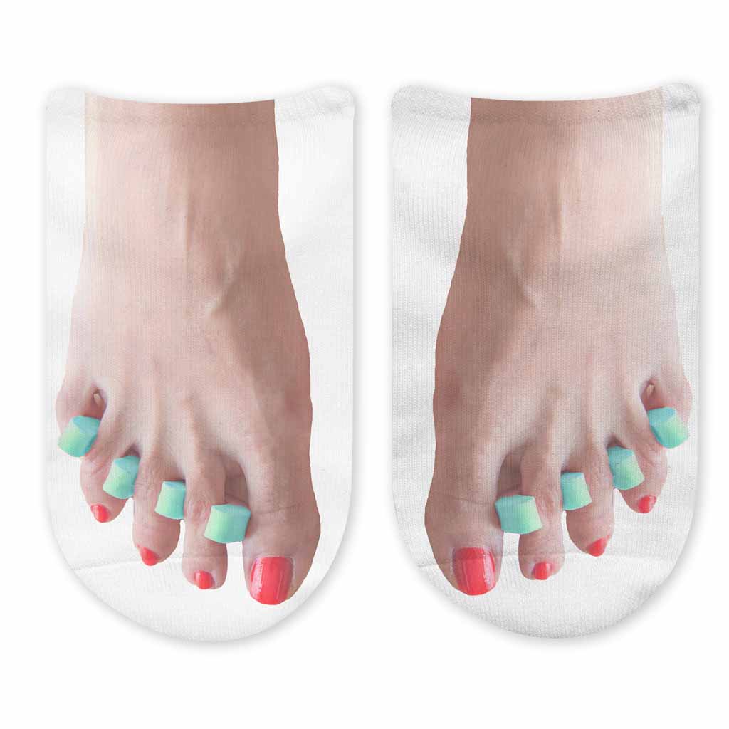Funny photo socks for women custom printed with ladies pedicure feet on socks.