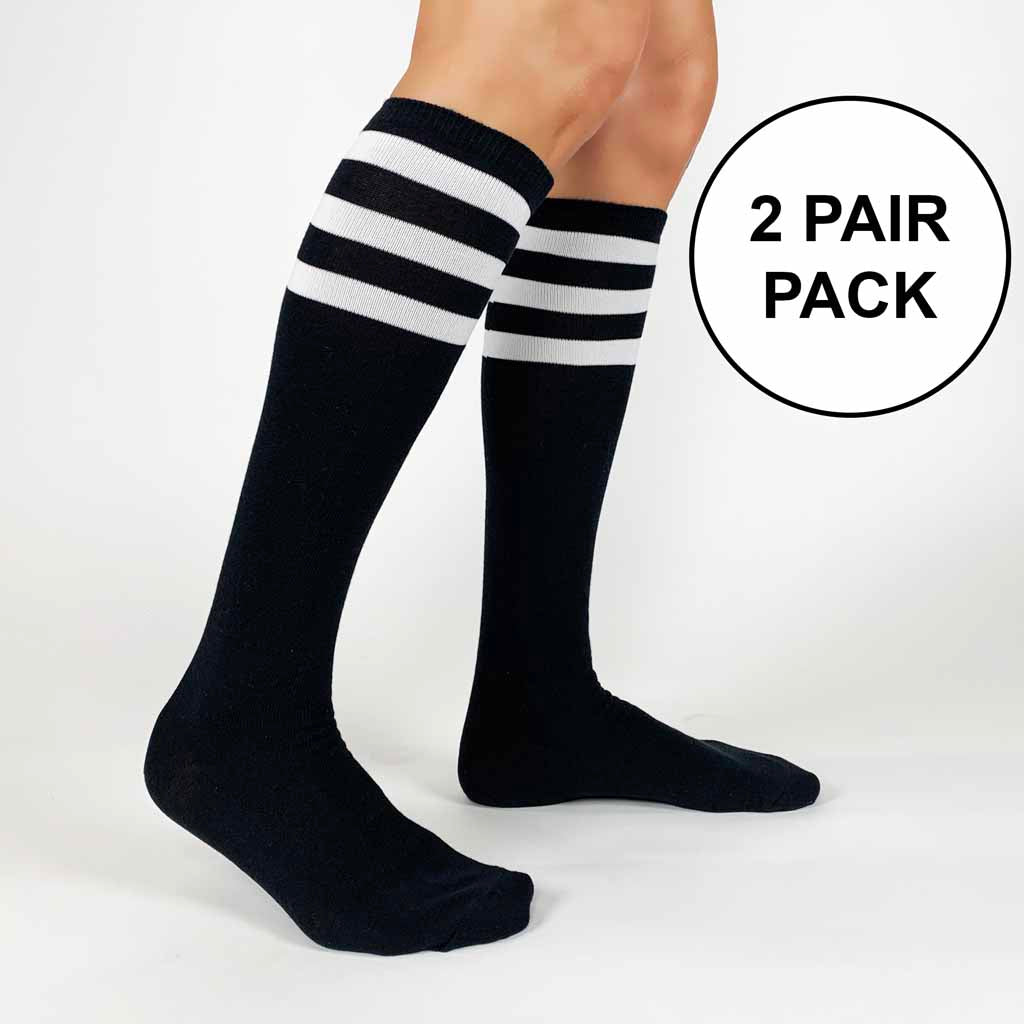 Triple M Plus Halloween Costume Knee High 3 Stripes Cotton Socks,Black
