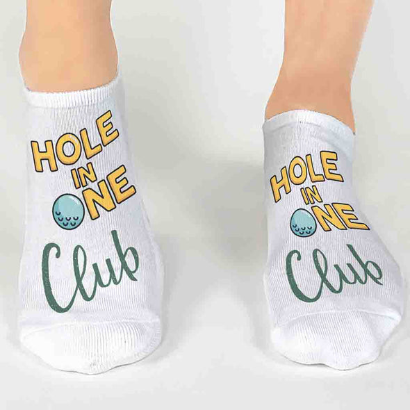 This is the club that every golfer wants to be in, and when you do make it, these socks say it all., hole in one club design digitally printed on the top of the white cotton no show socks.