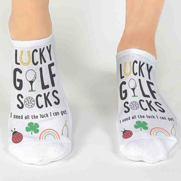 Comfortable white cotton blend no show socks digitally printed with lucky golf socks design are super cute and the perfect gift for your favorite golfer.