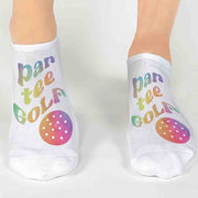 Comfy white cotton no show socks custom printed with rainbow par tee golf design by sockprints make the perfect accessory for any golf event.