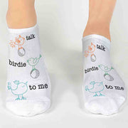 Novelty golf socks digitally printed with talk birdie to me design on the top of the comfy white cotton blend no show socks.