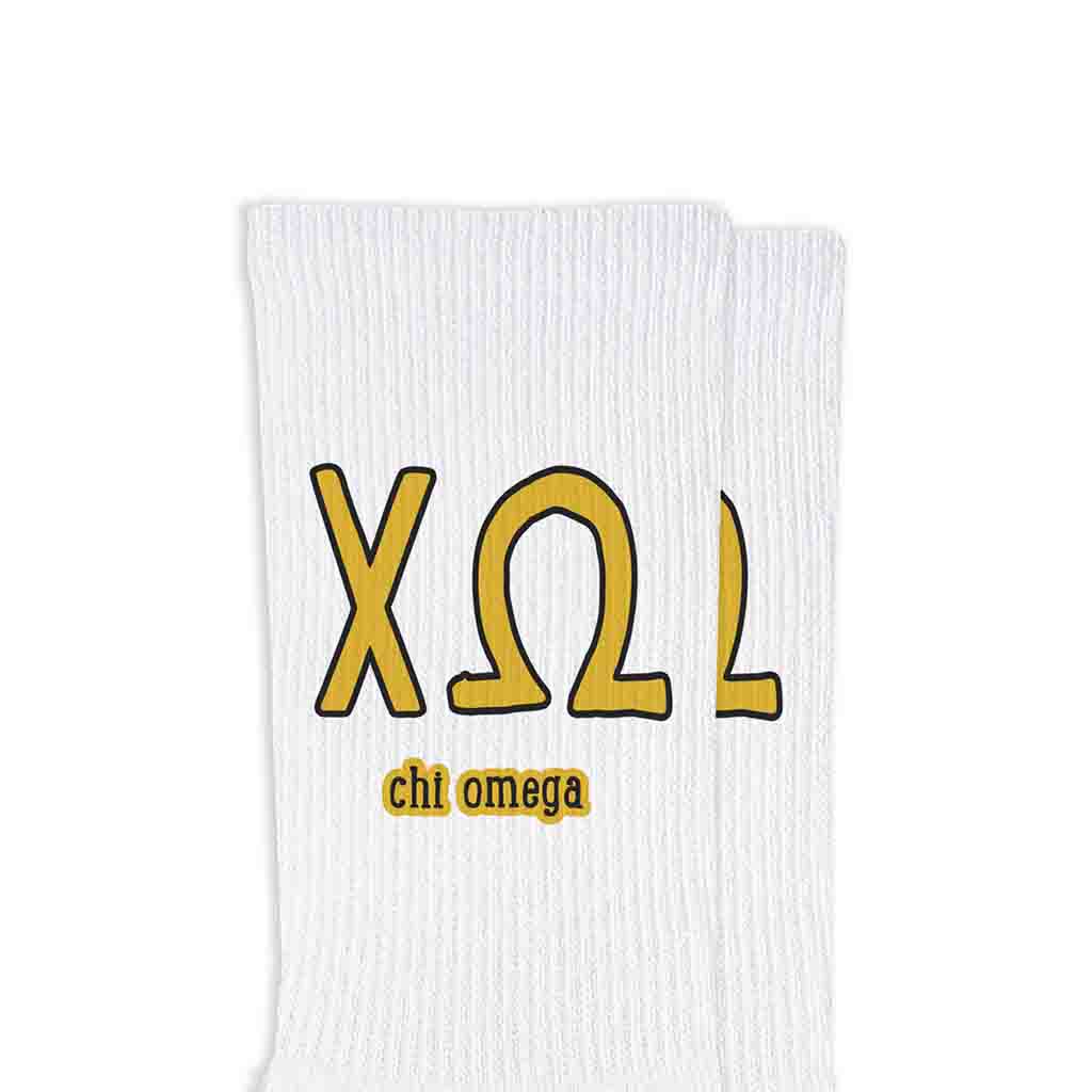 Chi Omega letters and name digitally printed on white crew socks.